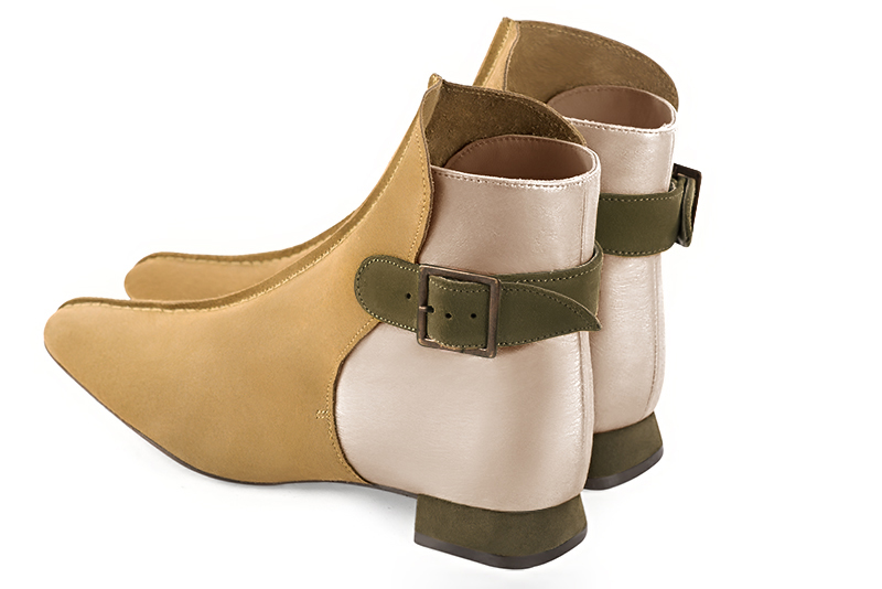 Mustard yellow, gold and khaki green women's ankle boots with buckles at the back. Square toe. Flat flare heels. Rear view - Florence KOOIJMAN